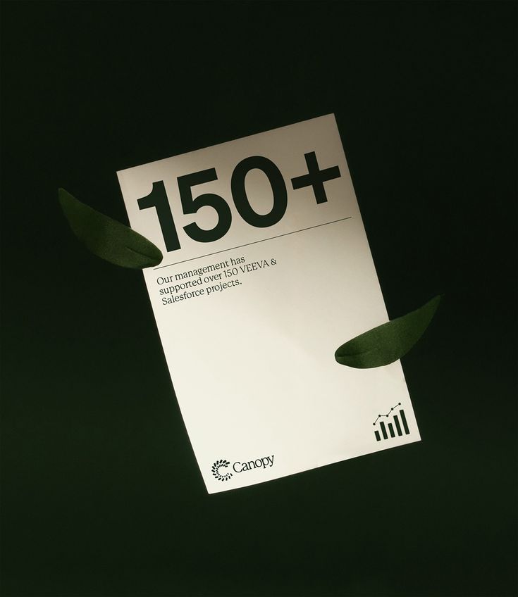 a piece of paper with the number 150 plus on it and some green leaves sticking out of it