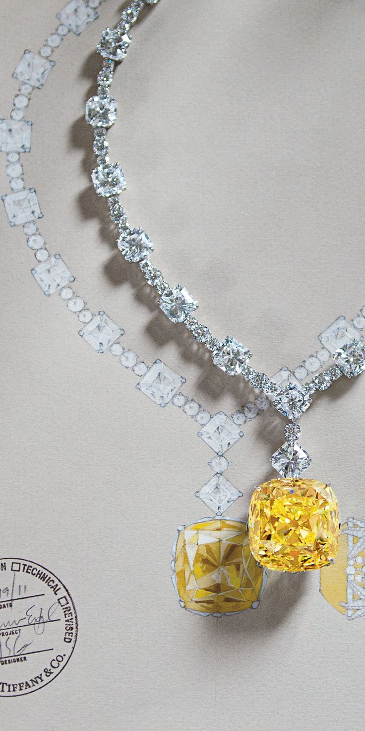 For Tiffany’s 175th anniversary in 2012, the priceless Tiffany Diamond was reset in a magnificent necklace of white diamonds.The famous yellow Tiffany diamond in its new setting with the 128.54-carat yellow diamond and white diamonds totaling more than 120 carats. Via The Jewellery Editor. Jewelry Sketches, Jewel Drawing, Yellow Sunshine, Jewelry Rendering, Tiffany Diamond, Jewelry Illustration, Jewelry Drawing, Jewellery Sketches, Tiffany And Co