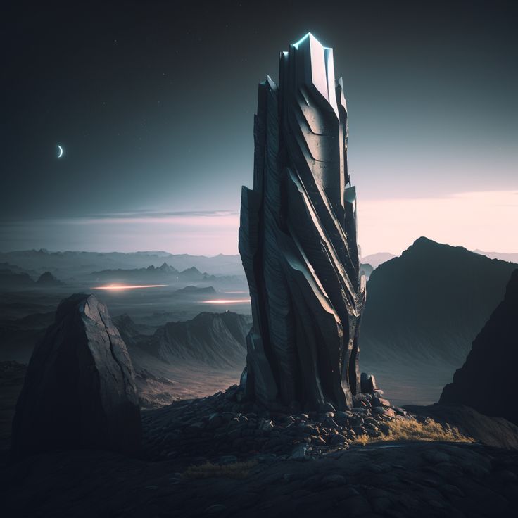 a futuristic building on top of a mountain in the middle of space with mountains around it