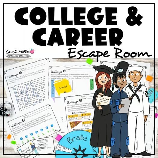 a poster with the words college and career escape room on it's front cover