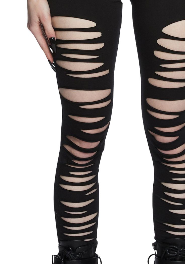 cuz you're infatuated with the darkness. Bewitch them under the full moon in these seductive leggings that have a high waist fit and a shredded design down the front. Related: Goth Pants, Clothing, Platform Boots, Black Aesthetic, and Lingerie. Goth Workout Clothes, Ripped Leggings Diy, Emo Leggings, Girly Goth Outfits, Goth Prints, Gore Fashion, Weirdcore Fashion, Modern Punk Fashion, Comfy Goth