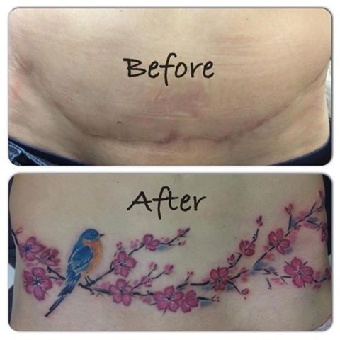 before and after photos of a woman's stomach with tattoos on her chest, the bottom half is covered in pink flowers