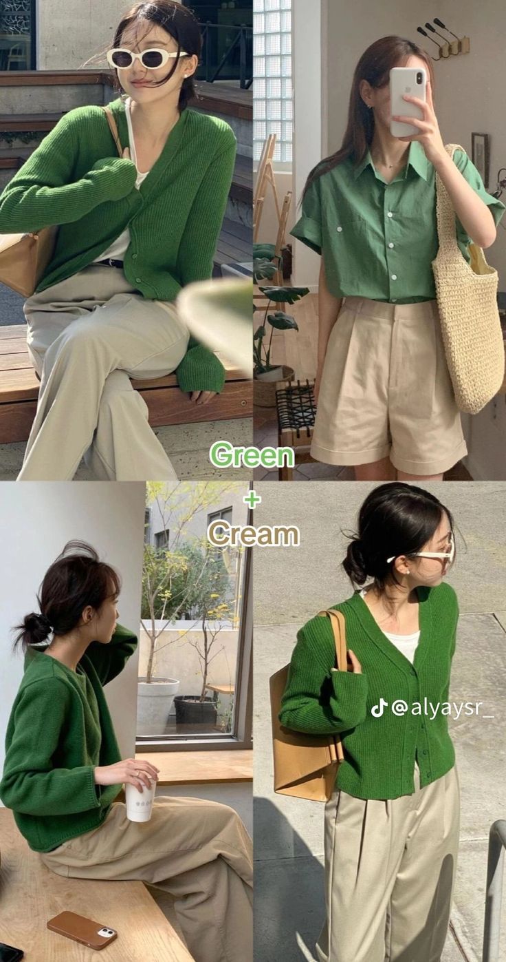 Green And Cream Outfit, Color Matching Clothes, Colored Pants Outfits, Green Color Combinations, Simple Style Outfits, Colour Combinations Fashion, Mix Match Outfits, Color Combos Outfit, Color Combinations For Clothes