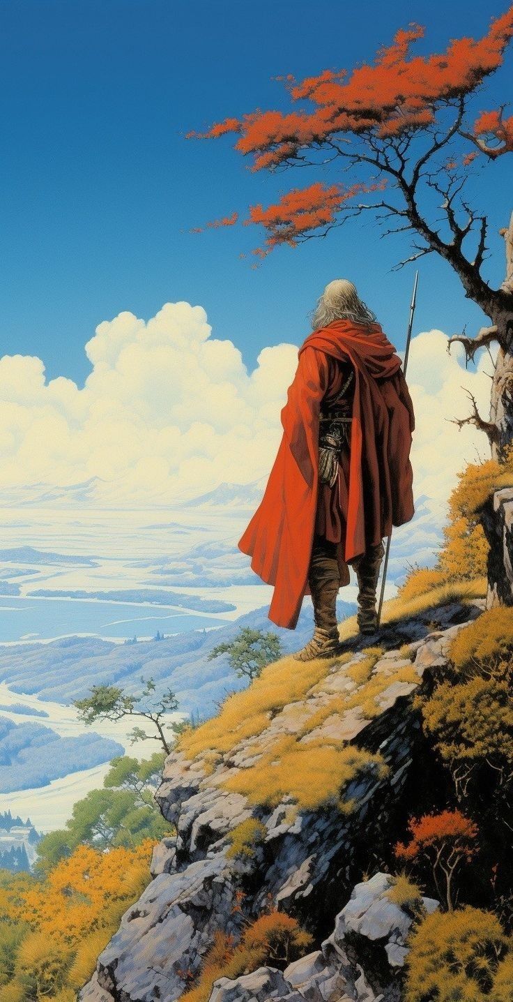 a painting of a man with a red cape on top of a mountain looking at the valley below