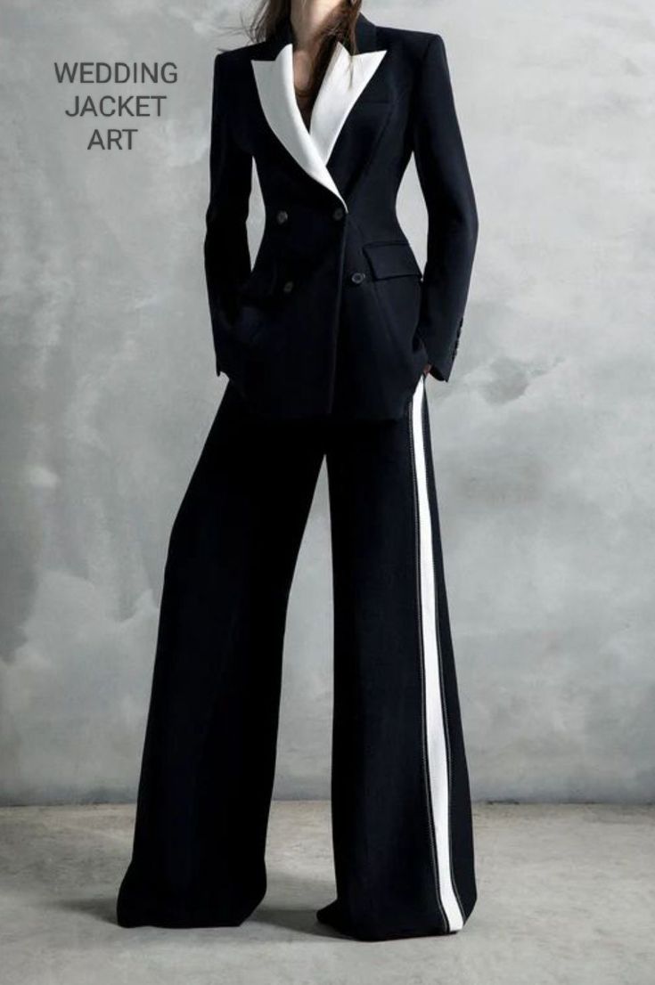 Women Suits, Women's Two Piece Suits, Luxury Black Dress, White Tuxedo design, Flair Trouser Design, Women Tuxedo Dress. (PLEASE MEASURE YOUR CHEST AREA, CIRCUMFERENCE AROUND THE BROADEST PART OF YOUR CHEST, AND WAIST AREA WHERE YOU NORMALLY WEAR YOUR TROUSER OR 4 FINGER BELOW THE BELLY BUTTON, AND PICK YOUR SIZE ACCORDINGLY) PROVIDE YOUR HEIGHT AND WEIGHT IN THE PERSONALISATION BOX, WHILE PLACING THE ORDER. This black Women Fashion 2-piece suit With Matching  And Trousers for Men Is Perfect For Formal Suits For Women, Black And White Suit, Woman Suit, Tuxedo Women, Urban Chic Fashion, White Suit, Leisure Fashion, Tuxedo Dress, Woman Suit Fashion