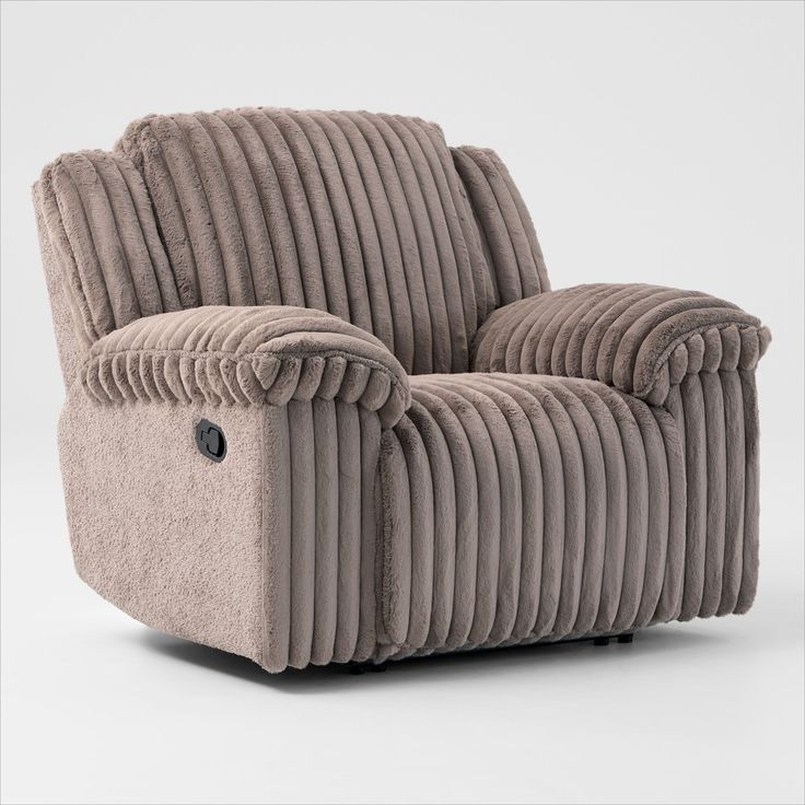 the reclining chair is made out of fabric and has a button on it's arm