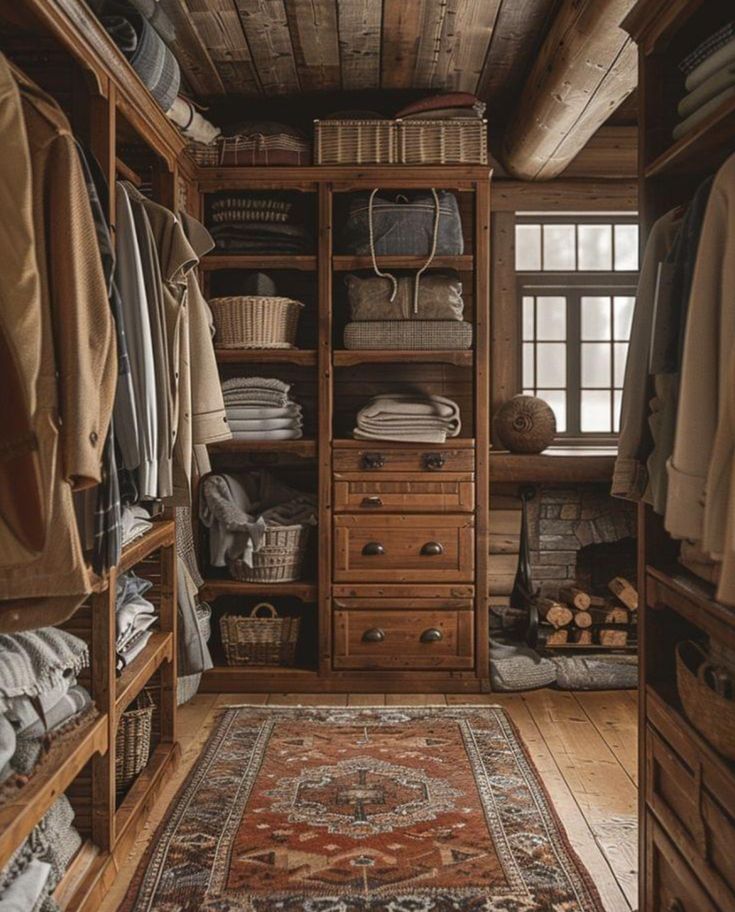 an organized walk in closet with lots of clothes and rugs on the wooden floor