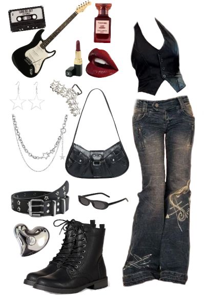 Rockstar gf outfit inspo w/ affiliate links attached 🎸💄 #rockstargfaesthetic #rockstargf #rockstargirlfriend #outfit #outfitidea #nana #nanaaesthetic #aesthetic #outfitinspiration #grunge #fashion #y2k Gnr Outfit, Rockstar Clothes Women, 90s Rockstar Outfit, Rockstar Girlfriend Summer Outfits, Girl Rockstar Outfit, 90s Rockstar Fashion, Rockstar Gf Fits, Y2k Rockstar Aesthetic, Nana Style Outfits