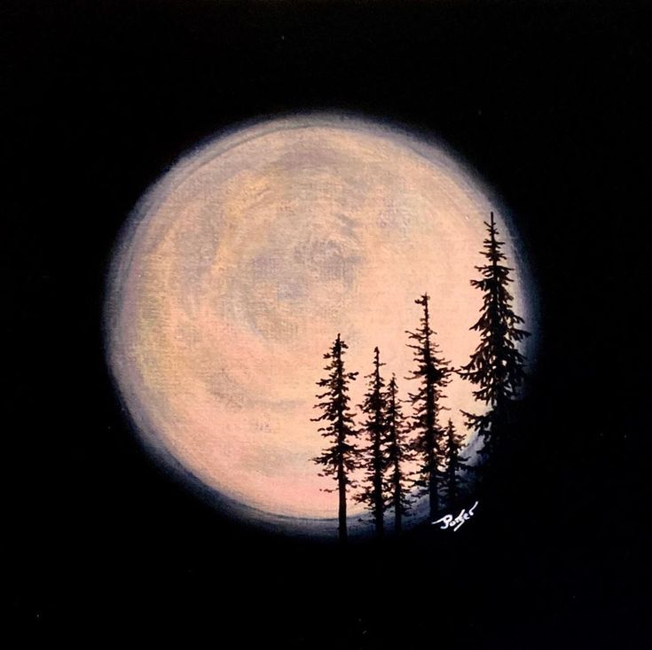 a painting of trees in front of a full moon