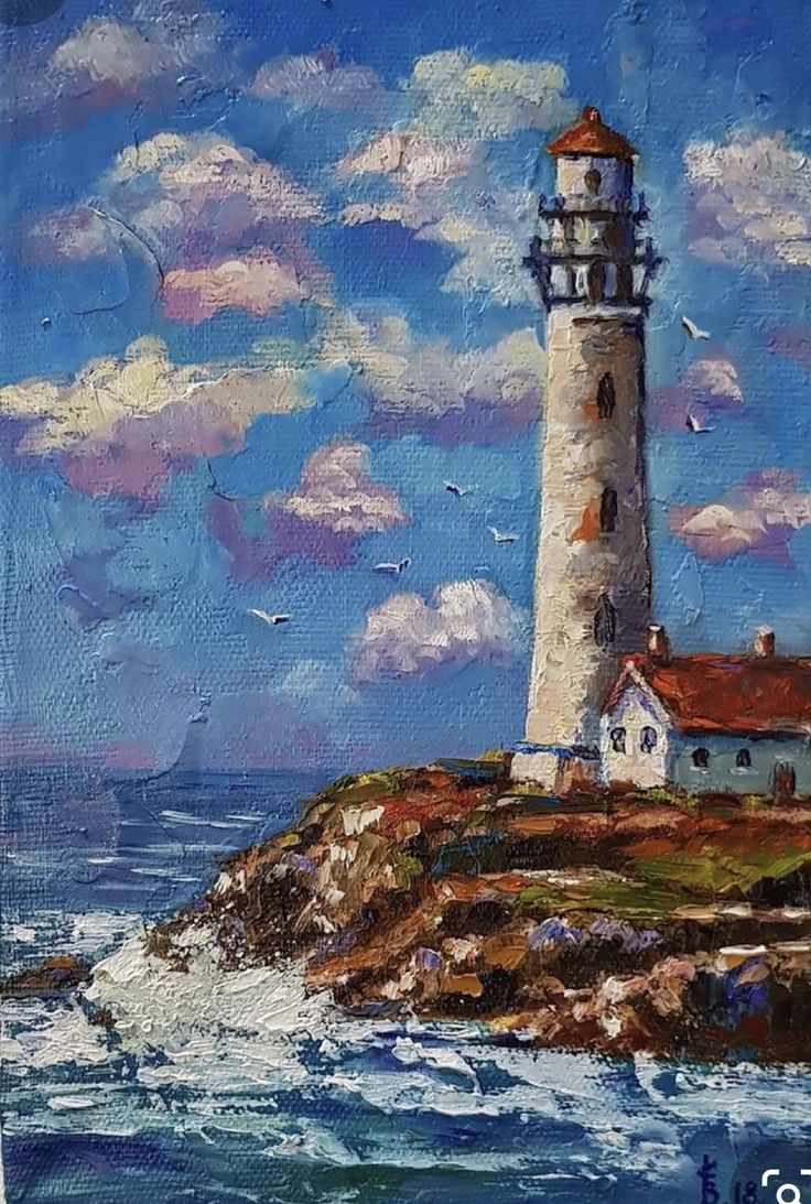 a painting of a lighthouse on a cliff by the ocean