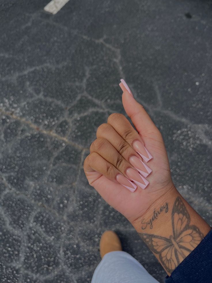 Pink Acrylic Nails V Tip, V Tip Acrylic Nails Coffin, V Shape Acrylic Nails, Pink V French Tip Nails Short, Pink V Tip Acrylic Nails, Pink V Nails, V Tip French Nails Short, French V Tip Nails, Pink Tip Nails Square