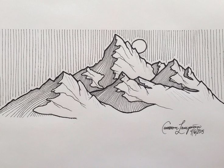 a drawing of mountains with the moon above them