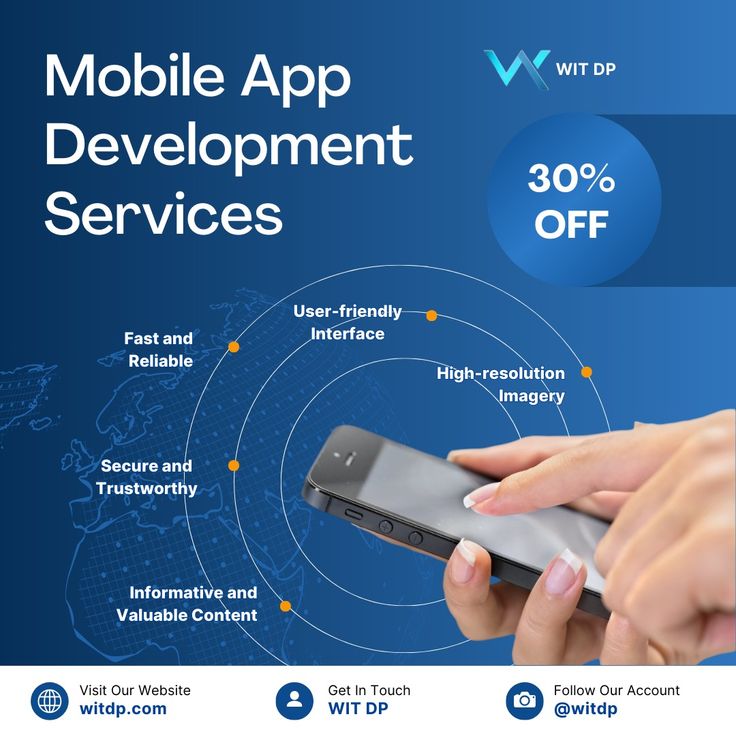 mobile app development services advertisment with hand holding cell phone and info graphic