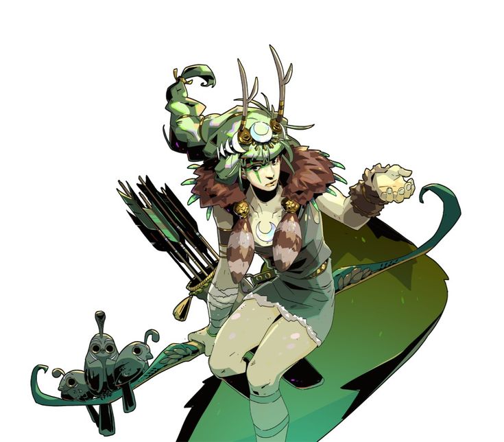 a woman sitting on top of a green object with horns and an arrow in her hand