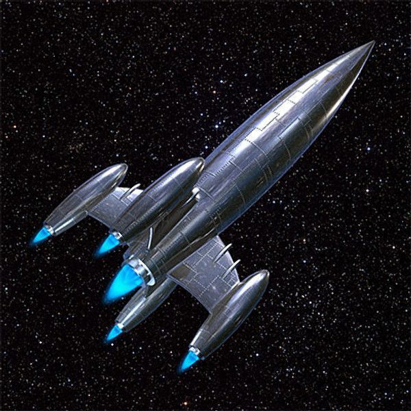 an artist's rendering of a space shuttle flying through the night sky with stars in the background