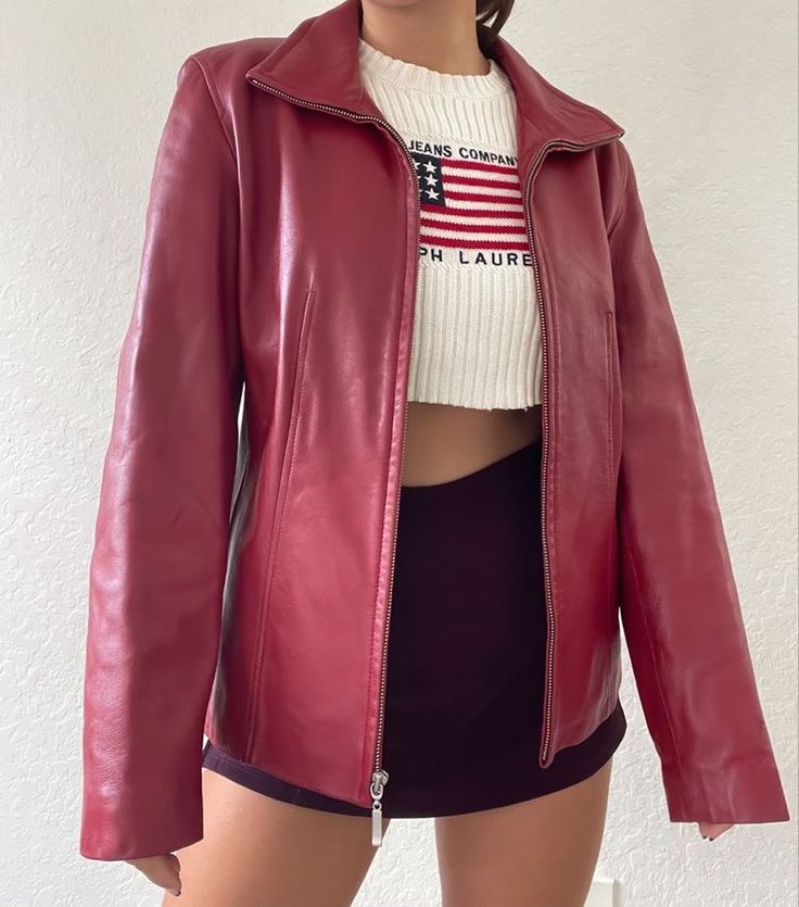 Pink Leather Jacket Outfit, Colorful Leather Jacket, Fancy Casual Outfits, Red Leather Jacket Outfit, Cherry Girl, Pink Leather Jacket, Unique Looks, Leather Jacket Outfits, Shirts Vintage