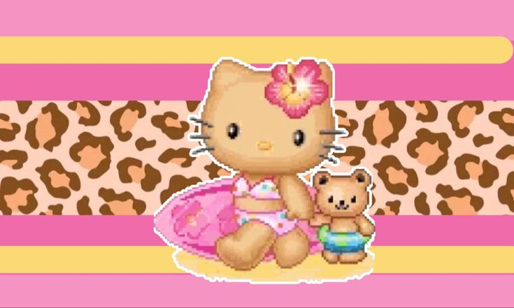 an image of a hello kitty and her teddy bear on a leopard print wallpaper