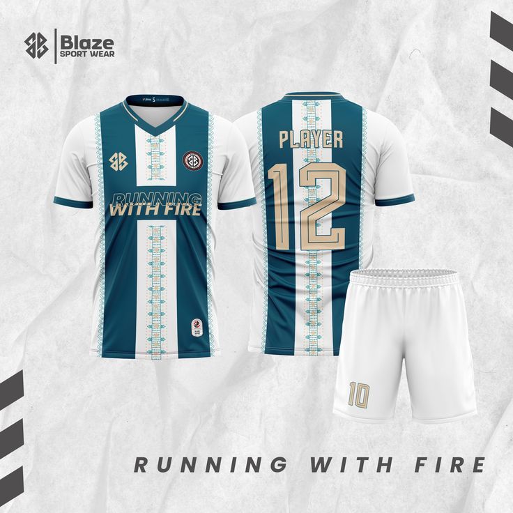 a white and blue soccer jersey with the number 12 on it, running with fire