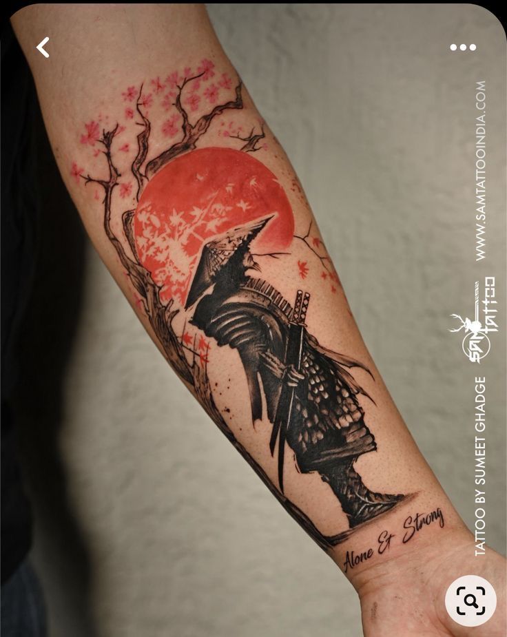 a person with a tattoo on their arm that has a windmill and tree in the background