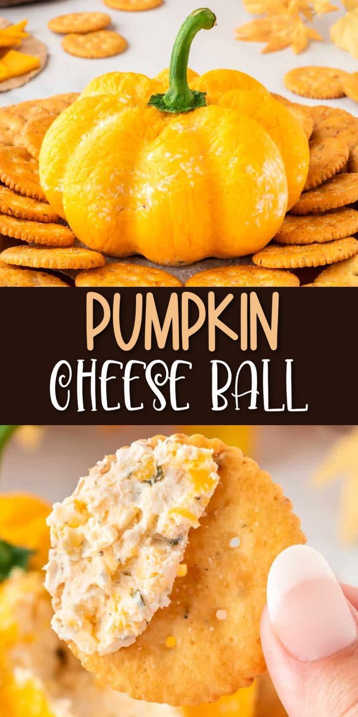 pumpkin cheese ball is being held up by someone's hand with crackers in the background