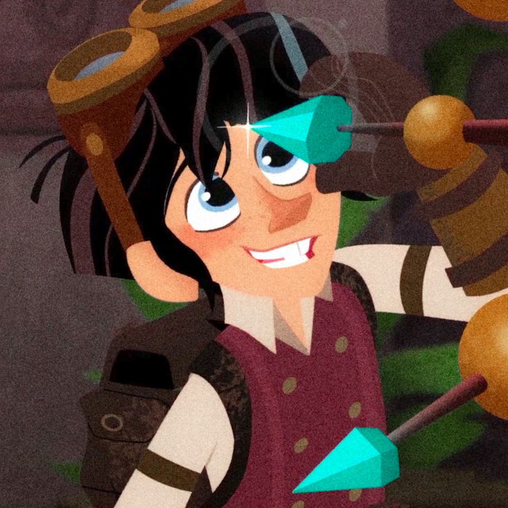 a cartoon character with blue eyes and black hair holding a large metal object in her hands