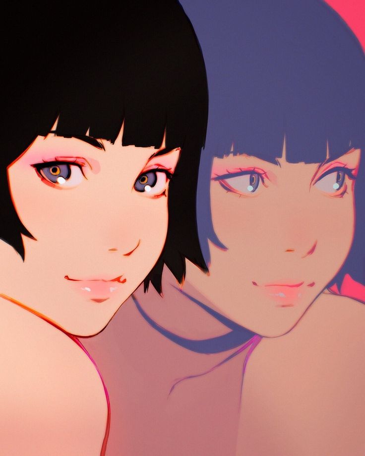 two young women with blue eyes and black hair are posing for the camera in front of a pink background