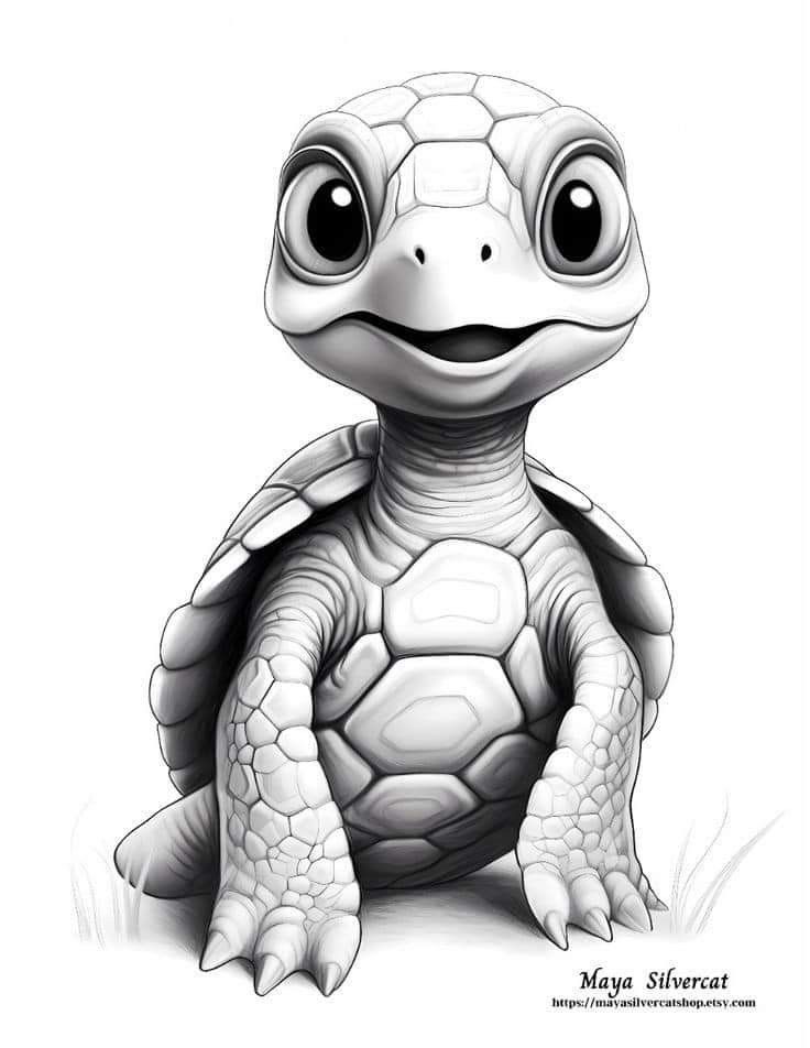 a drawing of a turtle with big eyes and a large head, sitting on the ground