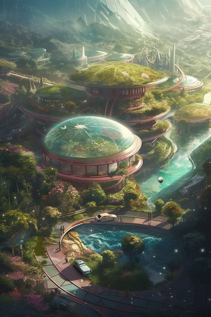 an artist's rendering of a futuristic city surrounded by trees and water, with mountains in the background