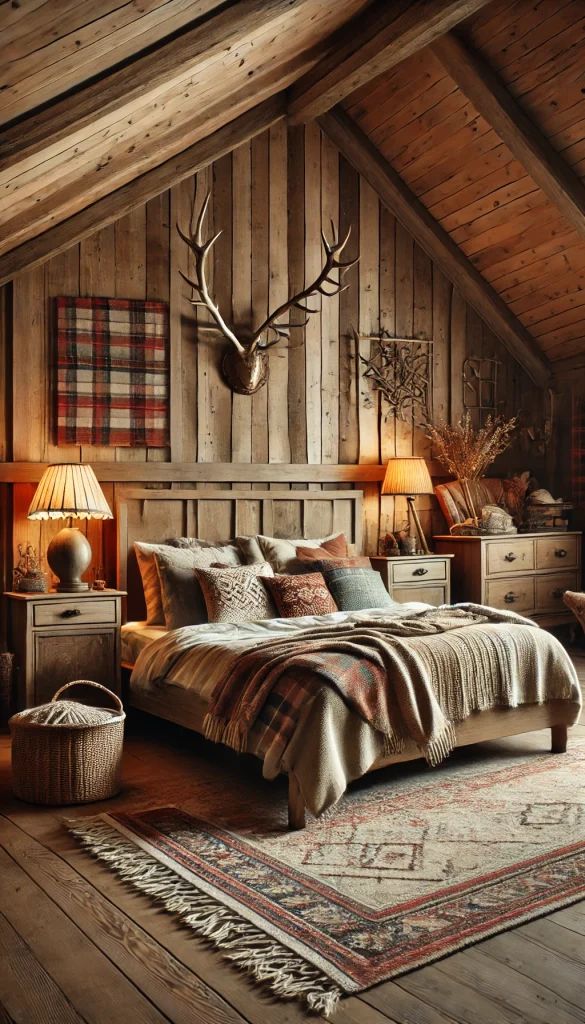 a rustic bedroom with wooden walls and wood flooring is furnished with an antler head mounted on the wall