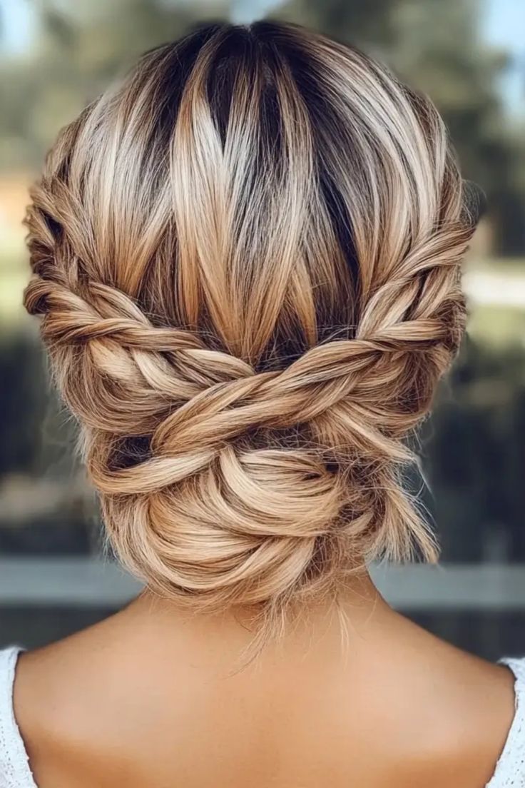 Intricate braided updo hairstyle on blonde hair. Easy Updos Bridesmaid, Bridesmaid Hairstyles Updo With Braid, Braid Updo Bridesmaid, Bridesmaid Hairstyles Mid Length Updo, Bridesmaid Updo Hairstyles Brunette, Updo Hair Wedding, Bridemaids Updos For Long Hair, Braid Bridal Updo, Wedding Hair Strapless Dress Updo