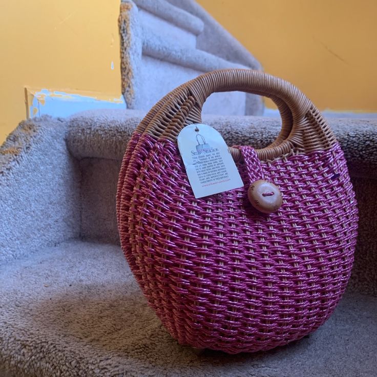 Beautifully Made Pink Straw Bag This Bag Is Super Cute For Beach Outings , Girls Night Out Pair It With A Cute All White Dress Or Get Crazy With Adding Similar Colors That Are In The Bag Beach Satchel With Single Handle, Trendy Beach Satchel With Top Carry Handle, Purple Shoulder Bag For Beach, Purple Crochet Travel Bag For Summer, Trendy Crochet Beach Bag With Top Carry Handle, Trendy Crochet Beach Bag With Top Handle, Pink Casual Satchel For Shopping, Casual Pink Satchel For Shopping, Purple Bucket Bag For Beach