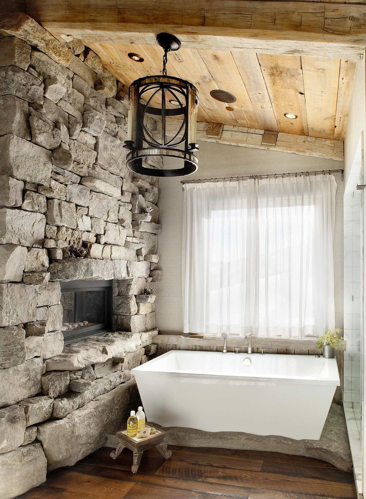 Bathroom fireplace ideas Bathroom Stone Wall, Rustic Modern Bathroom, Rustic Bathroom Wall Decor, Tuscan Bathroom, Stone Walls Interior, Minimalist Bathroom Design, Bathroom Fireplace, Natural Bathroom, Rustic Bathroom Designs