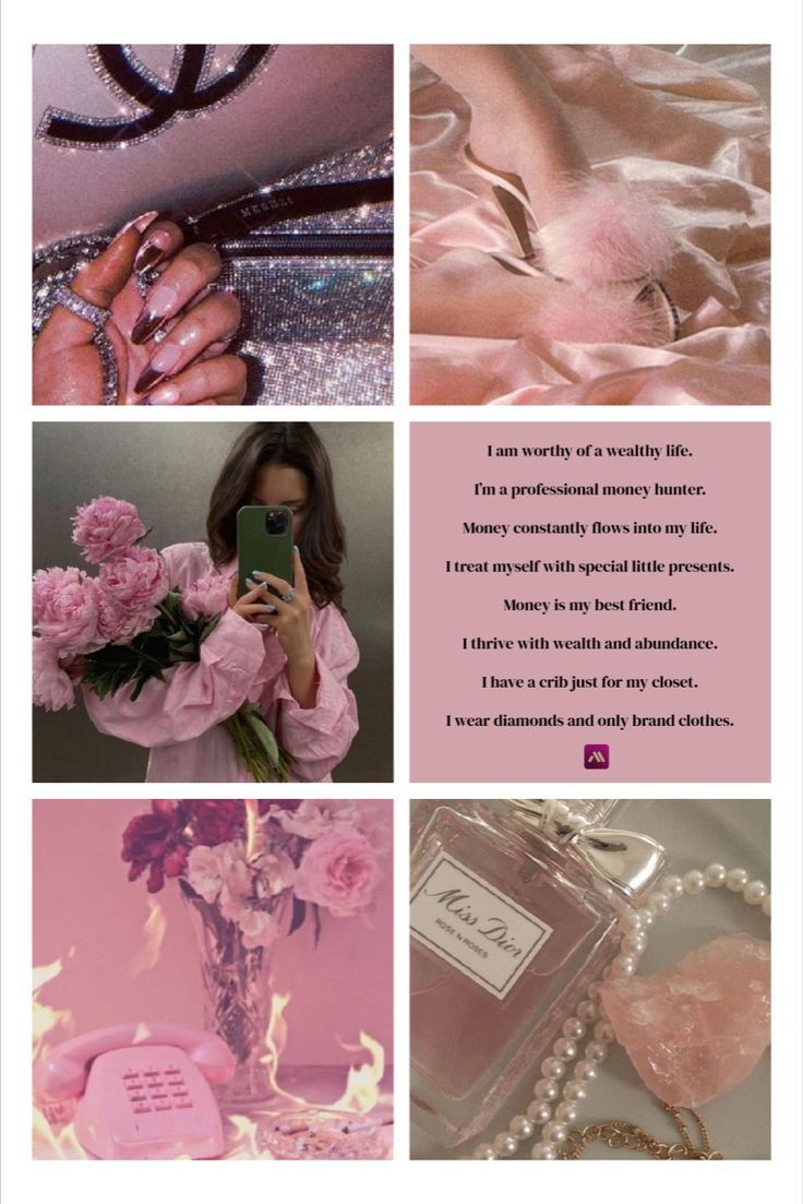 a collage of photos with pink flowers and jewelry