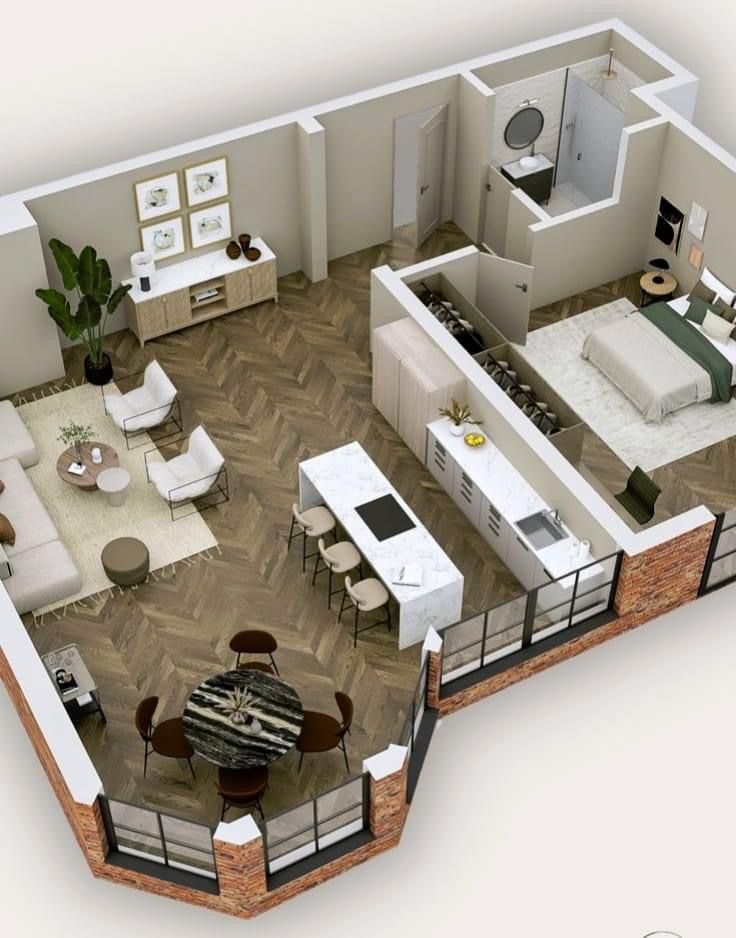 an overhead view of a two bedroom apartment