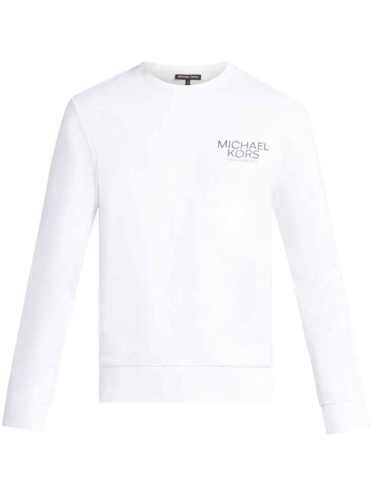 white cotton blend knitted construction appliqué logo crew neck long sleeves ribbed cuffs and hem straight hem Spring Cotton Sweatshirt With Logo, Spring White Sweater With Embroidered Logo, Logo Long Sleeve Sweatshirt For Spring, Long Sleeve Logo Sweatshirt For Spring, Spring Logo Sweatshirt With Long Sleeves, White Crew Neck Sweater For Work, Long Sleeve Sweater With Logo Detail For Spring, Relaxed Fit Logo Sweater With Crew Neck, White Embroidered Logo Sweater For Fall