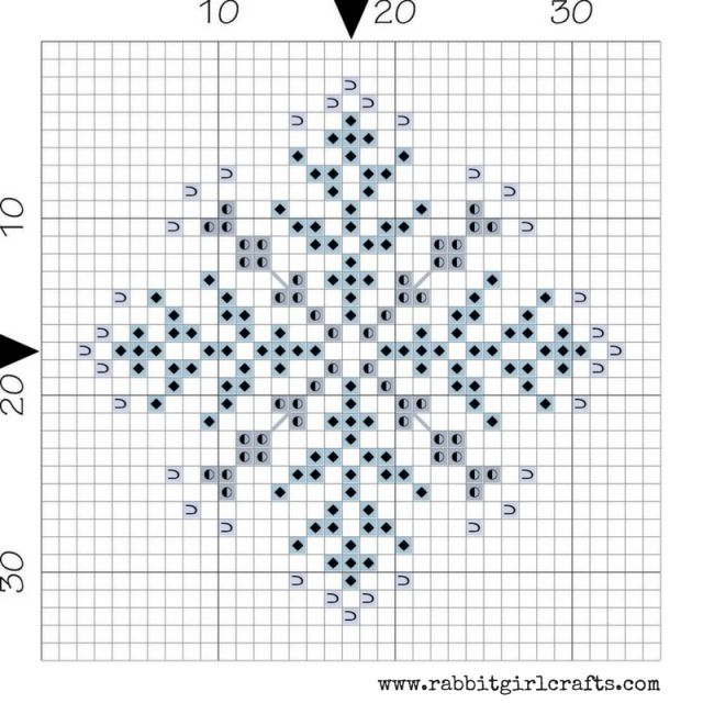 the cross stitch pattern is shown in black and white, with an arrow pointing to it