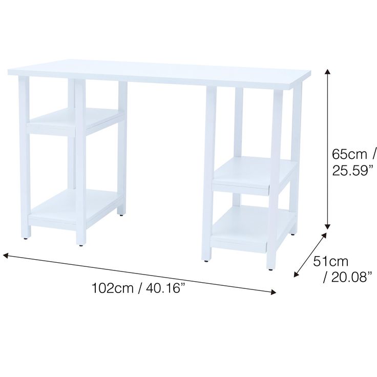 a white desk with two shelves on the bottom and one shelf below it, measurements