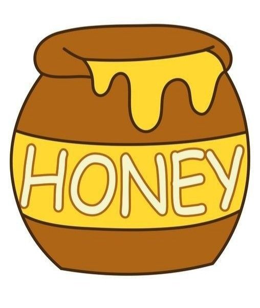 a honey jar with the word honey written on it and dripping honey in yellow lettering