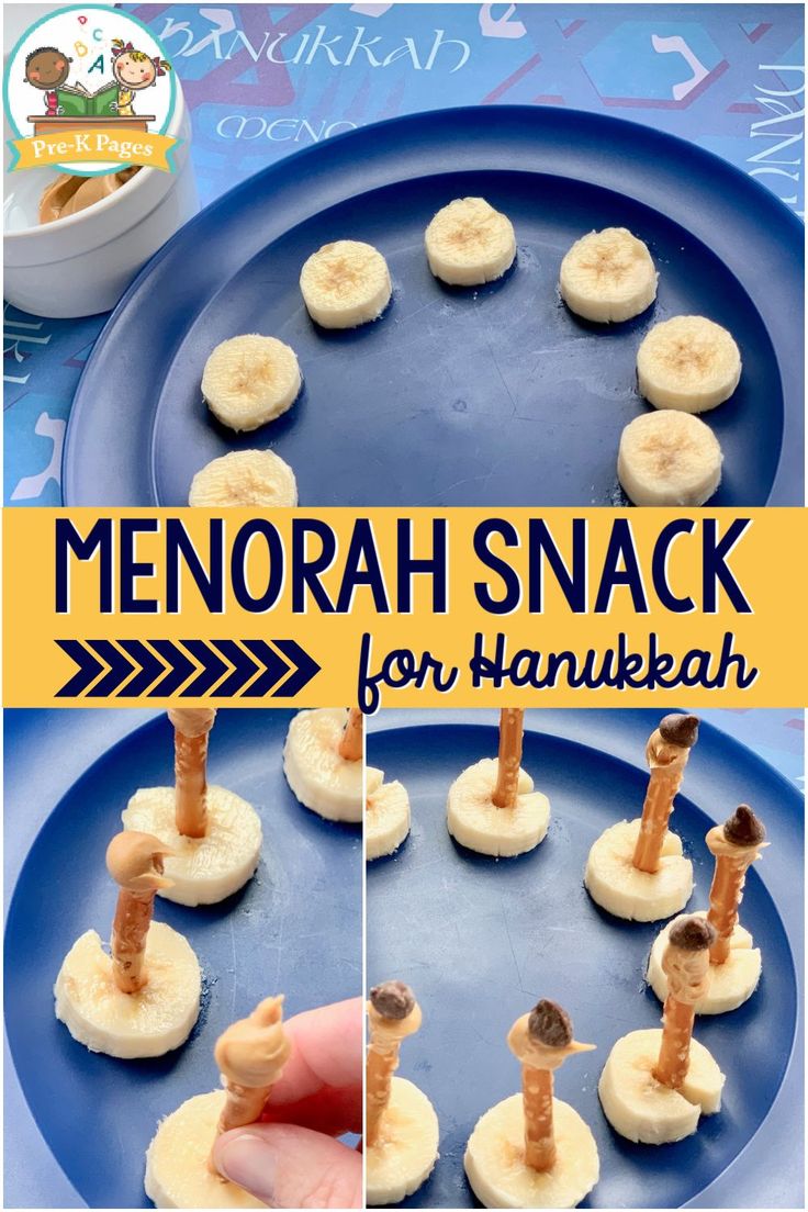 a blue plate topped with banana slices on top of a wooden skewer and the words menorah snack for hanukkah