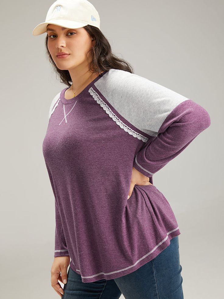 Shop Two Tone Lace Trim Stitch Raglan Sleeve T-shirt at BloomChic. Plus Size Clothing & Plus Size T-shirts. BloomChic is a digital-first fashion and lifestyle destination for modern women sizes 10-30. Womens Trendy Tops, Clothing Plus Size, Modern Women, Sleeve Detail, Trendy Tops, Fashion And Lifestyle, Plus Size T Shirts, Plus Size Clothing, Raglan Sleeve