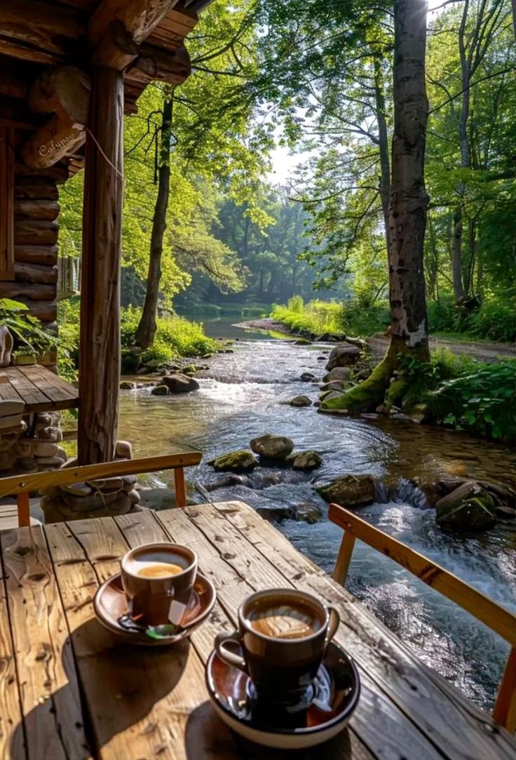 two cups of coffee sit on a wooden table next to a stream in the woods