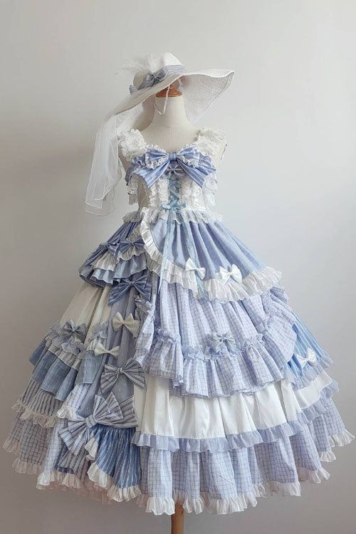 SKU: LIN00507 Fabric: Polyester Style types: Sweet Lolita Season: Spring, Summer, Autumn, Winter Notice: Hat & blouse are included. Size(IN) Bust Sleeve Length Length S 33.07-45.67 25.98 15.35 M 34.65-47.24 26.38 15.75 L 36.22-48.82 26.77 16.14 Fitted Sweet Dress With Ruffles, Sweet Fitted Dress With Ruffles, Sweet Summer Dresses With Ruffles, Cute Summer Dress For Tea Party, Cute Fitted Tiered Dresses, Light Blue Ruffled Dress For Garden Party, Light Blue Tiered Dress With Ruffles, Summer Tiered Dress With Bow, Sweet Tiered Dress With Ruffle Hem