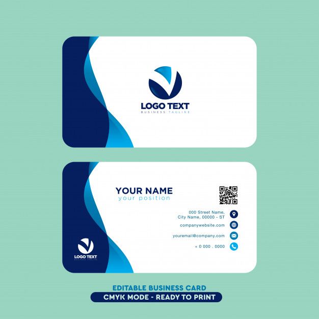 a business card with a blue wave design on the front and back, along with a q logo