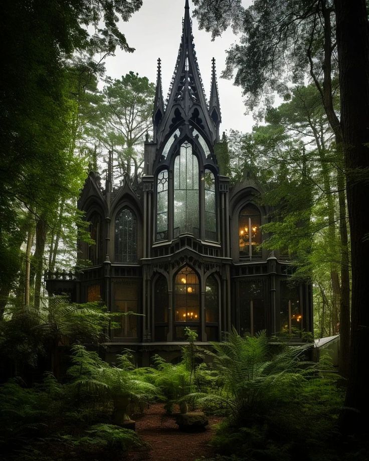 a gothic - style house in the woods is surrounded by tall trees and greenery