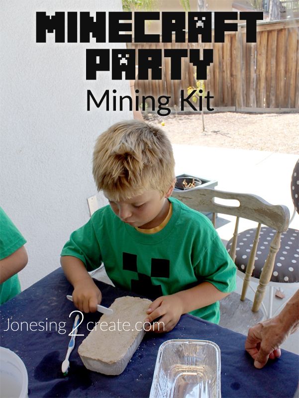 two young boys sitting at a table in front of a minecraft party kit