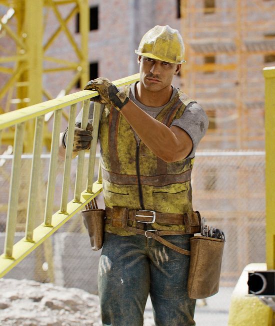 a construction worker is climbing the stairs