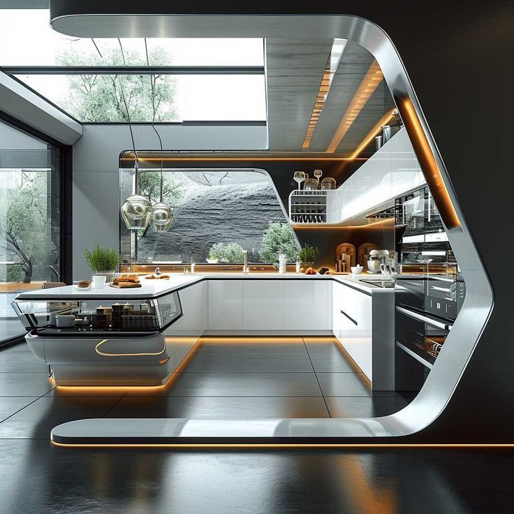 a futuristic kitchen with an open window and skylights in the ceiling is lit up