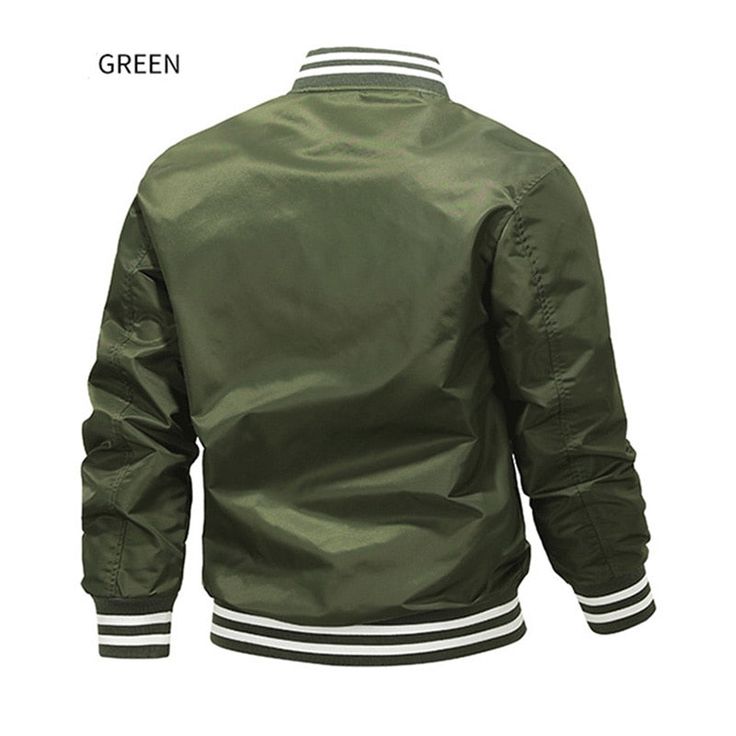 Wiaofellas Spring Autumn Bomber Jacket Men Striped Stand Collar Solid Army Green Jackets Windbreaker Casual Outdoors Coats Streetwear Male Casual Varsity Jacket With Stand Collar And Pockets, Casual Varsity Jacket With Stand Collar, Casual Winter Varsity Jacket With Collar, Casual Collared Varsity Jacket For Winter, Casual Winter Collared Varsity Jacket, Casual Green Outerwear With Stand Collar, Winter Collared Varsity Jacket With Pockets, Navy Outerwear With Ribbed Cuffs For Fall, Navy Stand Collar Outerwear For Fall