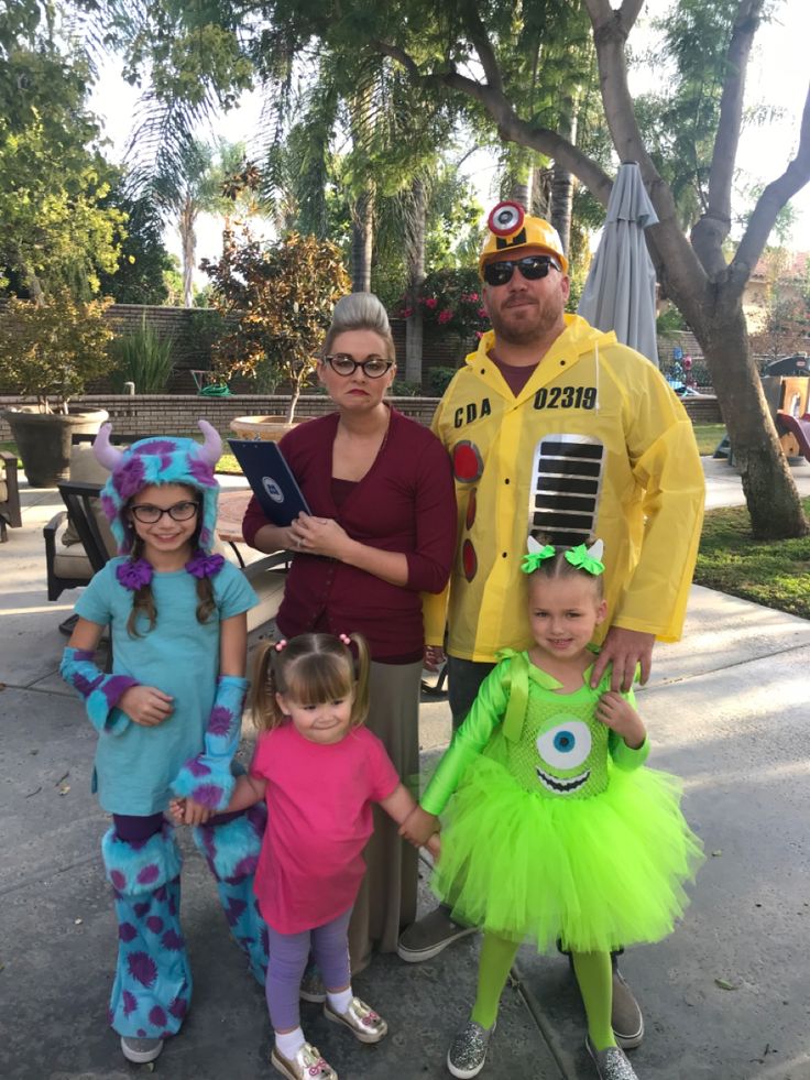 Sully, Boo, Mike Wazowski, Roz, & Child Detection Agent Sibling Of 3 Halloween Costumes, Monsters In Family Costumes, Family Monster Inc Costumes, Multi Family Halloween Costumes, Family Costume With One Year Old, Monsters Inc Family Of 4 Costume, Simpsons Family Halloween Costume, Monster Inc Group Costumes, Family Of 7 Costume Ideas