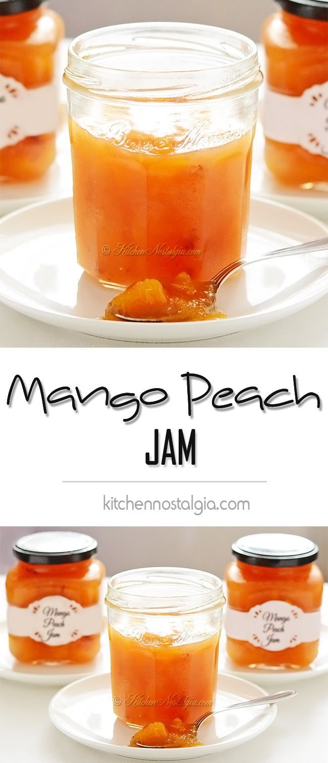 mango peach jam in jars with labels on the top and bottom, sitting on a white plate